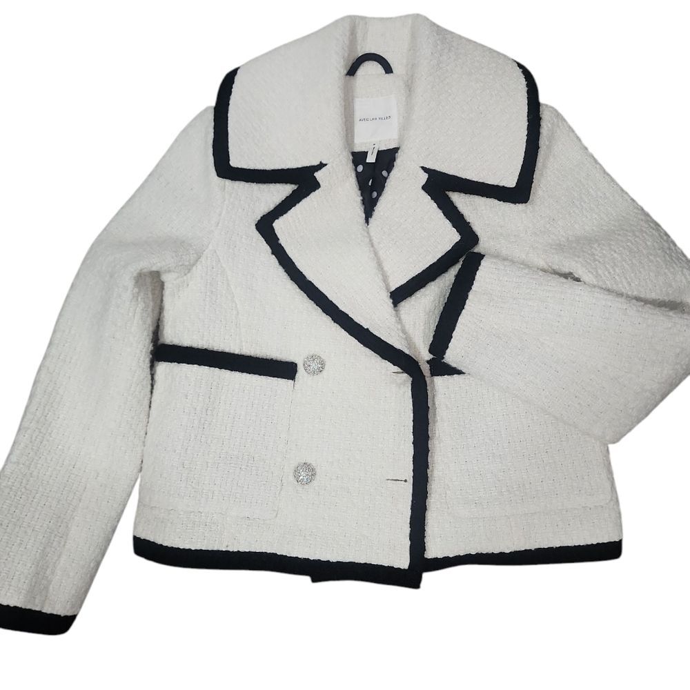 Avec Les Filles Black and White Blazer Tweed Double Breasted Tipped Jacket. M - Picture 14 of 16